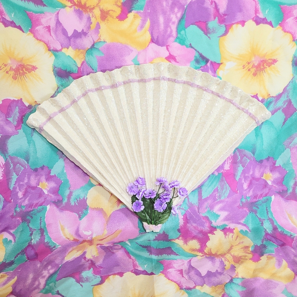 Ceramic handheld folding fan iridescent lustreware vintage hanging wall decor
